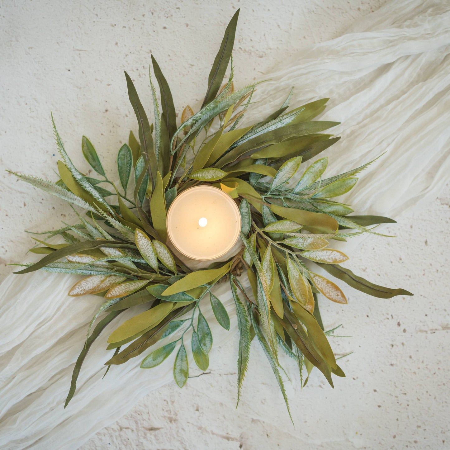 14" GREEN & YELLOW MIXED LEAF CANDLE RING