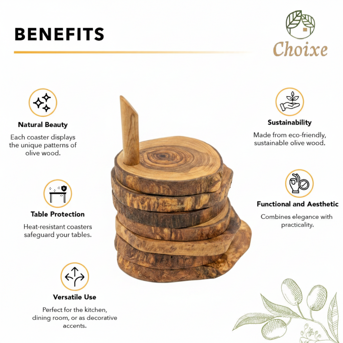 Olive Wood Coaster Set with Holder -7 Pcs