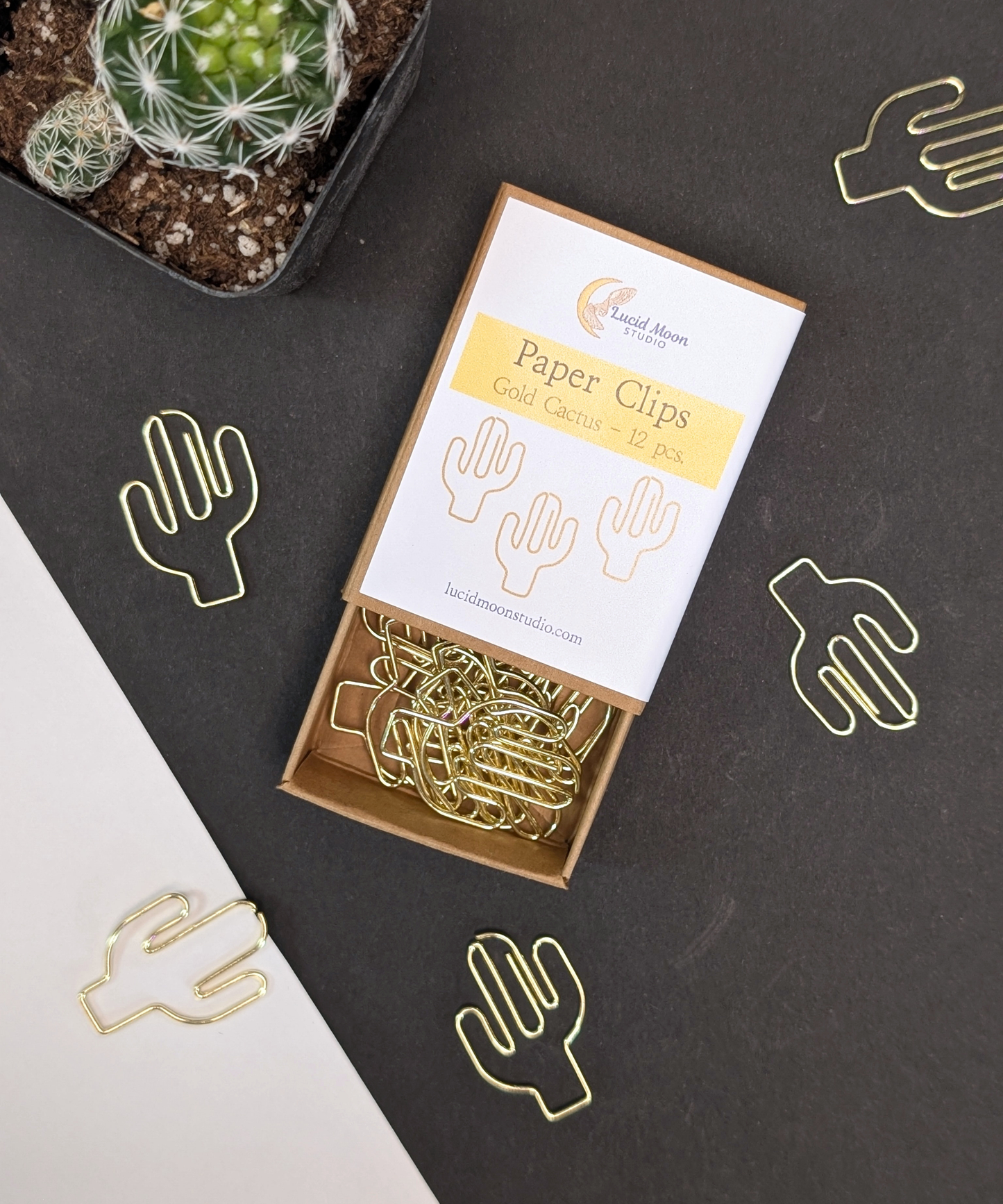 Gold Cactus Boxed Paper Clips - Set of 12