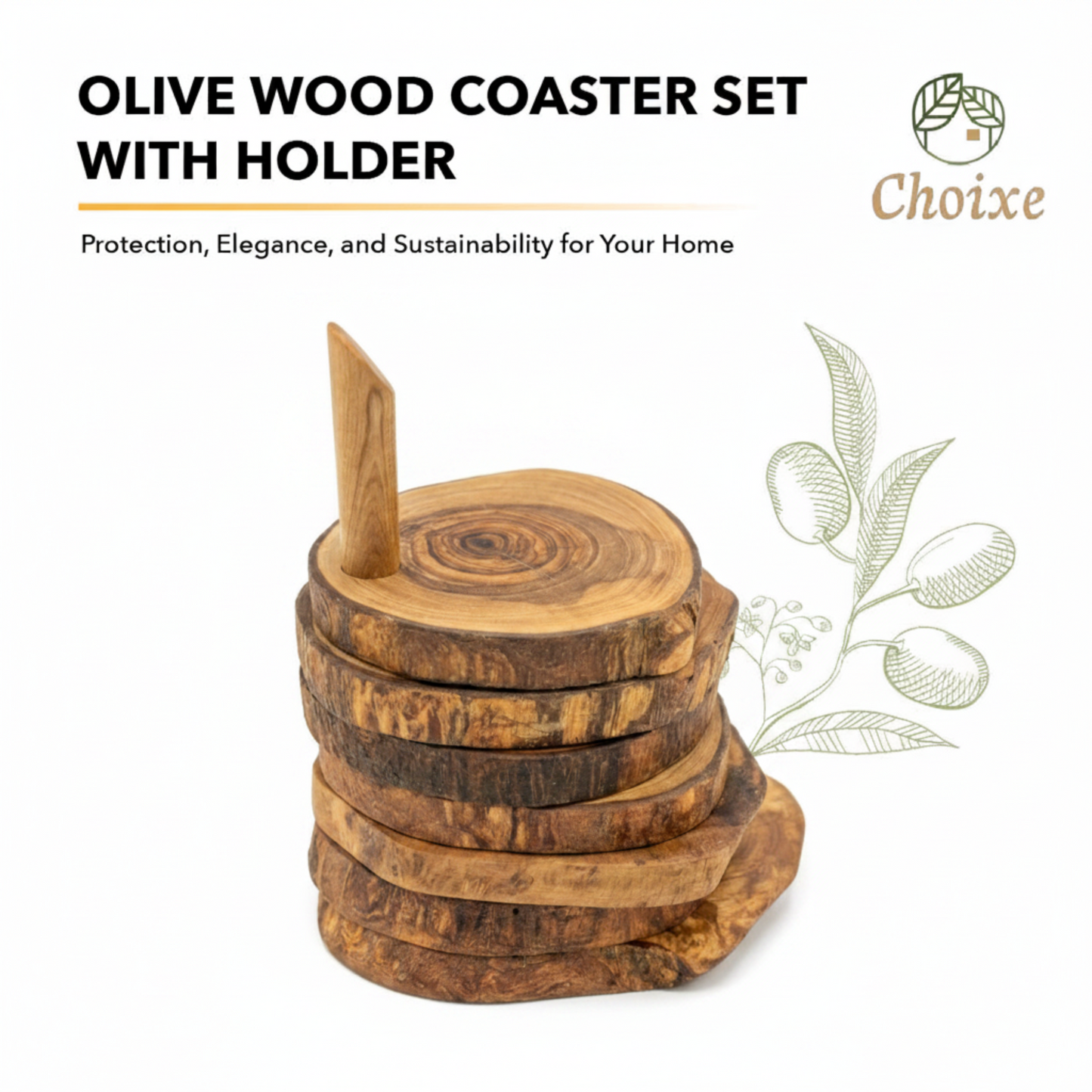 Olive Wood Coaster Set with Holder -7 Pcs